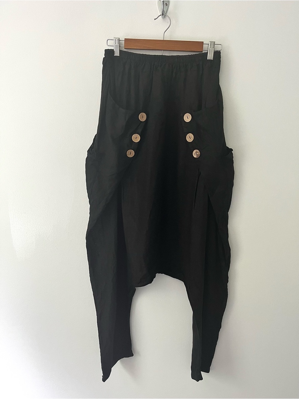 Gigi Moda 100% Linen Pants Black Drop Crotch Harem Lagenlook Hippie One Size